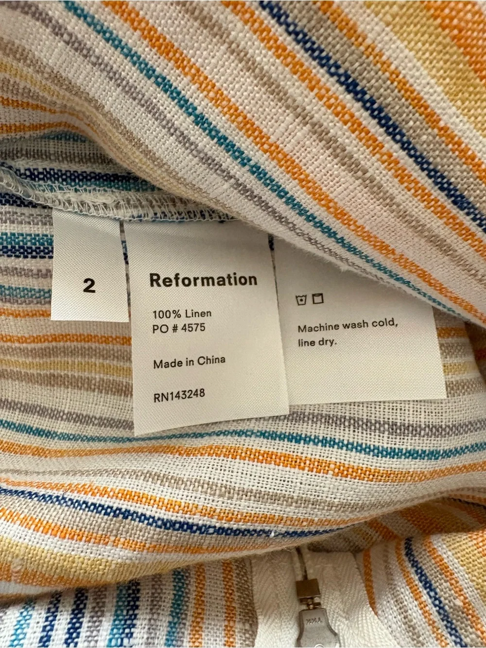 Reformation Island Linen Striped Shorts Romper in Marbella Orange & Blue